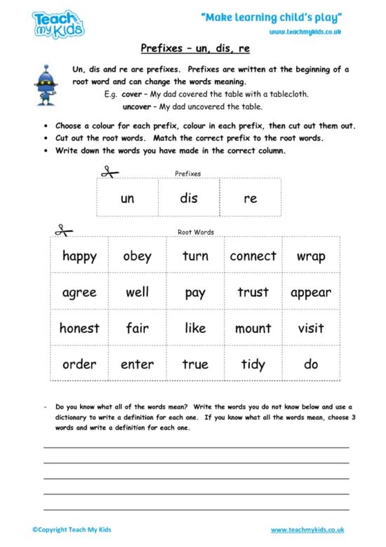 Worksheets for kids - prefixes – un, dis, re